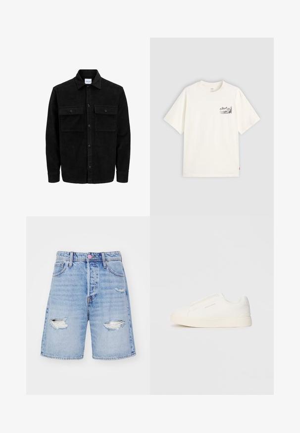 Černá kordurová košile s knoflíky, dvěma předními klopovými kapsami a klasickým límcem, dlouhými rukávy a vroubkovanou texturou.; Bílý krátký rukáv tričko vyrobené z bavlny, s černým grafickým designem na levé straně hrudníku se slovem "Fresh."; Světle modré džínové šortky s oteplením, s vytrhnutými otvory a rovně střiženým designem. Obsahují pět kapes a zapínání na knoflík.; Bílé slip-on tenisky s texturovaným povrchem, silnou podešví a minimalistickým designem. Na boku je umístěno logo značky.