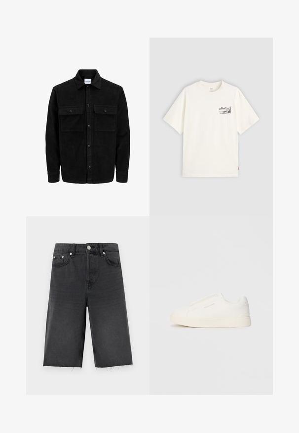 Mustmustöös nupuga jope, millel on kaks eesmist klapiga taskut ja klassikaline kaelus, pikad varrukad ning ribakujuline tekstuur.; Valge lühikeste varrukatega T-särk, mis on valmistatud puuvillast, ja mille vasakus rinnapiirkonnas on must graafiline disain sõnapaariga "Fresh."; Musträpased mustad lühikesed teksad sirge lõikega, veidi kulunud äärega, vöö jaoks silmadega, viie taskuga ja hõbedase tooni nuppudega.; Valged libisemiskindlad tossud tekstuuriga pinnaga, paksu tallaga ja minimalistikus disainis. Küljel on brändi logo.