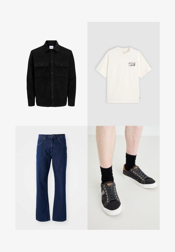 Svart kordfløyels knappjakke med to frontlommer med klaff og klassisk krage, lange ermer og ribbet tekstur.; Hvit kortermet t-skjorte laget av bomull, med et svart grafisk design på venstre brystområde med ordet "Fresh."; Mørkeblå denimjeans med rett ben, med knapp- og glidelås-lukking, beltehemper og frontlommer mot en ensfarget bakgrunn.; Grå kanvas sneakers med hvite gummisåler, svarte lisser og brune skinnakenter på hælen, kombinert med svarte ribbestrikkede sokker.
