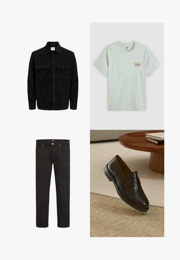 Jachetă din catifea neagră, cu butoni, două buzunare frontale cu clapetă și un guler clasic, mâneci lungi și textură ribbed.; Tricou din bumbac gri, cu mâneci scurte, guler rotund, prezentând un imprimeu multicolor al logo-ului brandului în partea stângă sus. Textură netedă.; Blugi negri cu croi drept, cu închidere cu nasture și fermoar, buzunare în față și spate, și bucle pentru curea, de la brandul Lee.; Mocasin din piele neagră cu o finisare netedă, vârf rotund și o baretă decorativă pe partea superioară. Toc mic din cauciuc, așezat pe o suprafață texturată.