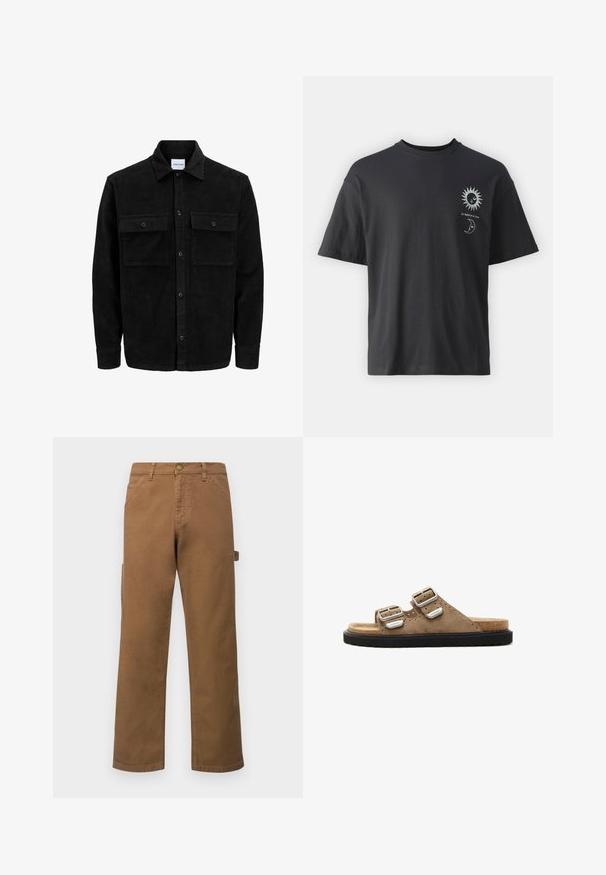 Svart kordfløyels knappjakke med to frontlommer med klaff og klassisk krage, lange ermer og ribbet tekstur.; Svart bomullst-skjorte med korte ermer, rund hals og frontgrafikk av en sol og måne, ledsaget av teksten "Le Soleil et La Lune."; Brune bomulls cargobukser med rette ben, med sidelommer og metallknapp-lukking i midjen. Glatt tekstur og uformelt design.; Brune lær-slide sandaler med to justerbare sølvspenner, sort teksturert såle og perforerte detaljer på den øverste delen.