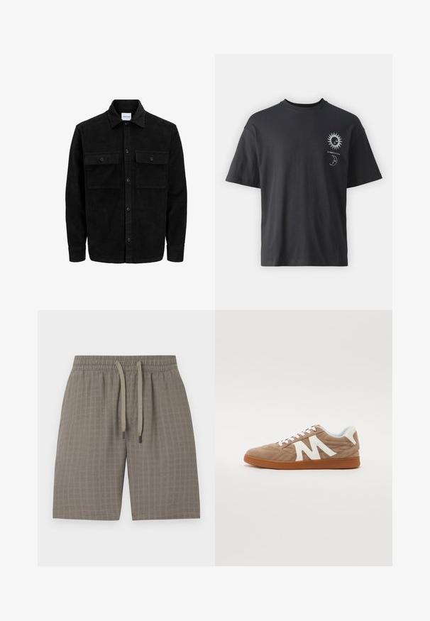 Svart kordfløyels knappjakke med to frontlommer med klaff og klassisk krage, lange ermer og ribbet tekstur.; Svart bomullst-skjorte med korte ermer, rund hals og frontgrafikk av en sol og måne, ledsaget av teksten "Le Soleil et La Lune."; Brune, teksturerte shorts med elastisk liv og justerbar snor; har et mykt, lett stoff og et rutete mønster.; Lisse-sko med overdel i brun semsket skinn, hvite tekstilaksenter, quiltet design og brun gummisåle. Har en fremtredende "M"-logo.