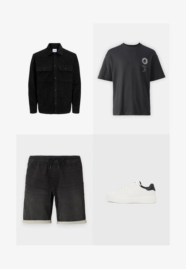 Black corduroy button-up jacket with two front flap pockets and a classic collar, long sleeves, and ribbed texture.; Black cotton t-shirt with short sleeves, round neck, and front graphics of a sun and moon, accompanied by text "Le Soleil et La Lune."; Black denim shorts with an elastic waistband and drawstring. Features rolled cuffs and subtle texture variations throughout.; White leather sneaker with embossed pattern, textured white midsole, and black heel accent. Features rounded toe and flat laces.