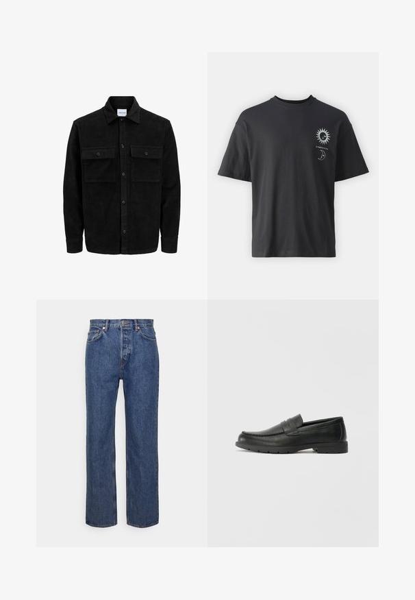 Jachetă din catifea neagră, cu butoni, două buzunare frontale cu clapetă și un guler clasic, mâneci lungi și textură ribbed.; Tricou din bumbac negru, cu mâneci scurte, guler rotund și grafica frontală a unui soare și a unei luni, însoțită de textul "Le Soleil et La Lune."; Jeans din denim albastru cu un design drept, prezentând un sistem de închidere cu nasture metalic, cinci buzunare și cusături în contrast.; Labeled cu oglindă din piele neagră cu un finisaj neted, partea superioară în stil mocasin, detalii cusute și o talpă din cauciuc. Design clasic cu un toc jos.