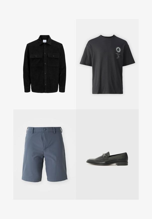 Zwarte corduroy knopenjack met twee voorste klepzakken en een klassieke kraag, lange mouwen en ribbelstructuur.; Zwarte katoenen t-shirt met korte mouwen, ronde hals en voorop afbeeldingen van een zon en maan, vergezeld van de tekst "Le Soleil et La Lune."; Grijze, knie-lange shorts van lichtgewicht stof; voorzien van een knoopsluiting, riemlussen en zijzakken met een gladde textuur.; Zwarte leren instapper met een gladde afwerking, voorzien van een gestikt ontwerp en een decoratieve metalen kettingaccent over de wreef. Platte hak.