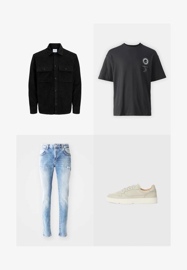 Mustmustöös nupuga jope, millel on kaks eesmist klapiga taskut ja klassikaline kaelus, pikad varrukad ning ribakujuline tekstuur.; Must musta T-särk lühikeste varrukatega, ümar kaelus ning esiküljel päikese ja kuu graafika, millele on lisatud tekst "Le Soleil et La Lune."; Heledad sinise teksad, millel on kulunud viimistlus, lohkudega detailid ja klassikaline viie taskuga disain. Sirge jalg ja keskmise kõrgusega vöökoht.; Heled hall nahk sneaker, millel on sirged paelad, aukude detailid ja tekstureeritud kummitald. Lihtne disain pehme sisemise voodriga.