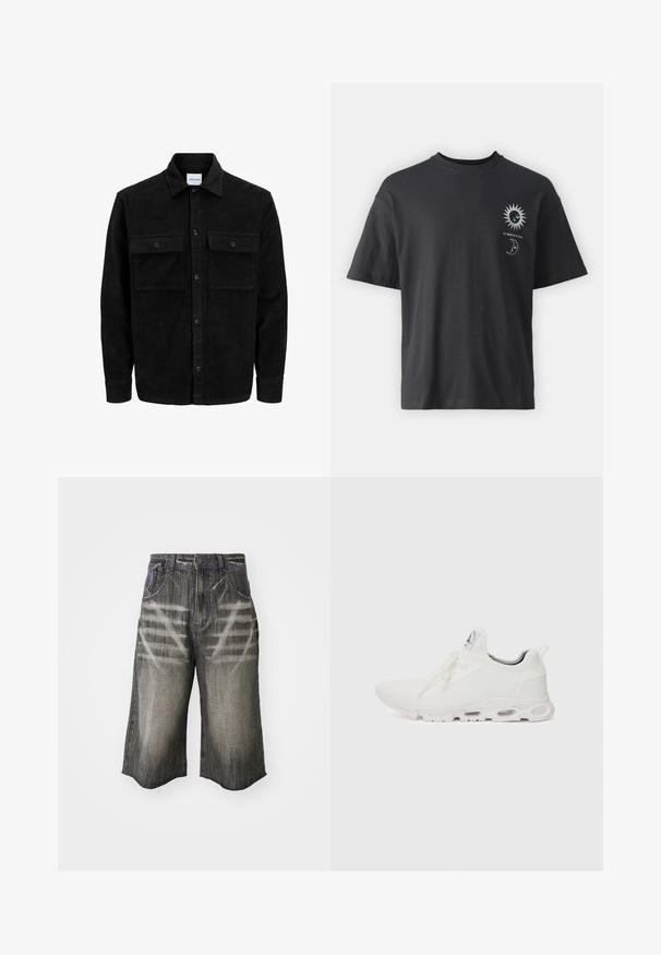 Black corduroy button-up jacket with two front flap pockets and a classic collar, long sleeves, and ribbed texture.; Black cotton t-shirt with short sleeves, round neck, and front graphics of a sun and moon, accompanied by text "Le Soleil et La Lune."; Denim shorts in dark grey with a faded design. Features contrasting purple stitching and a loose, wide-cut silhouette.; White athletic shoes featuring a textured knit upper, flat laces, and a cushioned sole with visible air chambers for added support.