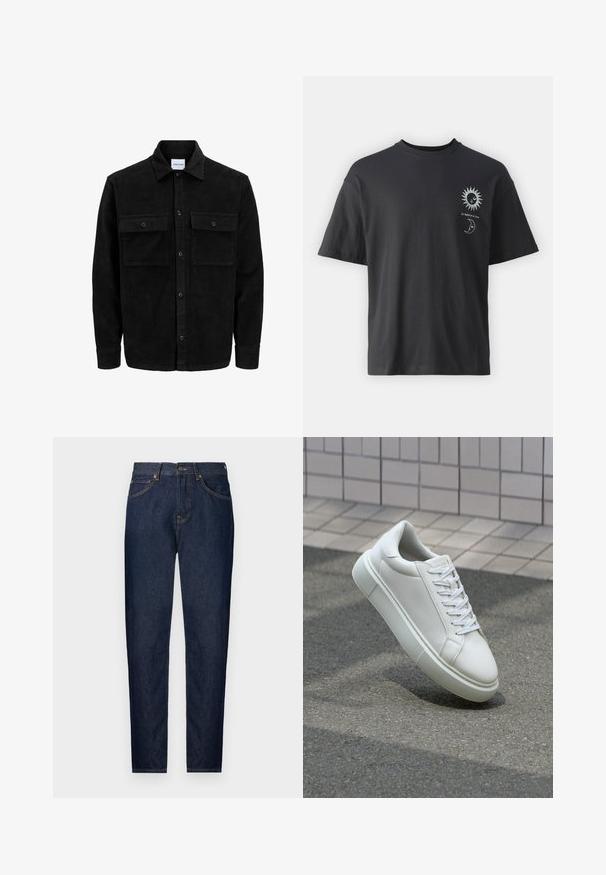 Juodas velveto mygtukų švarkas su dviem priekiniais kišenėmis su atvartais, klasikiniu apykakle, ilgomis rankovėmis ir raukšlėtu paviršiumi.; Juodas medvilninis marškinėliai su trumpomis rankovėmis, apvalia iškirpte ir priekiniais atvaizdais saulės ir mėnulio su tekstu "Le Soleil et La Lune."; Tamsiai mėlyni džinsai su siauru pritraukimu, turintys penkias kišenes, užtrauktuką ir kontrastingas auksines siūles. Lygus paviršius su klasikiniu dizainu.; Balti odiniai sportbačiai su lygiu paviršiumi, apvalia nosimi ir plokščiomis baltomis raištelėmis. Yra tekstūruotas gumos padas ir minimalizmas dizaino elementuose.