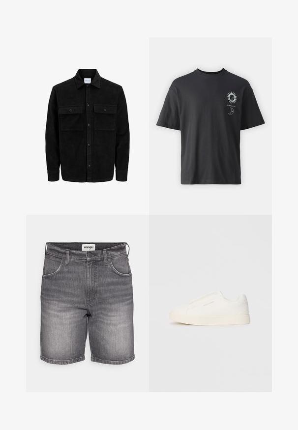 Mustat corduroy-nappi takki, jossa on kaksi etupistotaskua ja klassinen kaulus, pitkät hihat ja ribattu pinta.; Musta puuvillapaita lyhyillä hihoilla, pyöreällä kaula-aukolla ja etupuolella graafiset kuvat auringosta ja kuusta, tekstinä "Le Soleil et La Lune."; Harmaan farkkushortsit perinteisellä leikkauksella, jossa on hieman kulutusta, viisi taskua ja Wrangler-logo tikkauksen kohdalla.; Valkoiset liukusukat, joissa on teksturoitu pinta, paksu pohja ja minimalistikot. Sivulla on brändin logo.