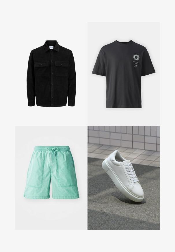 Melnas kordūru pogu jaka ar divām priekšējām atloka kabatām un klasisku apkakli, garām piedurknēm un ribotu tekstūru.; Melna kokvilnas t-krekls ar īsām piedurknēm, apaļu apkakli un priekšpusē attēlotiem saules un mēness grafikas, kopā ar tekstu "Le Soleil et La Lune."; Mittens zaļas šorti, kas izgatavoti no viegla auduma, ar elastīgu jostasvietu, aukliņu un divām sānu kabatām ar šuvēm.; Baltas ādas sporta apavi ar gludu virsmu, apaļu pirkstu un plakanām baltām šņorēm. Iezīmējas ar strukturētu gumijas zoli un minimālisma dizaina elementiem.