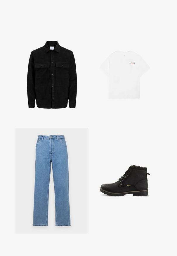 Giacca in corduroy nera con bottoni, due tasche anteriori con patta, colletto classico, maniche lunghe e texture a coste.; T-shirt bianco in cotone con maniche corte, scollatura rotonda e una piccola grafica con la scritta "LA VILLE LUMIÈRE" in nero e rosso sulla parte superiore della schiena.; Jeans in denim blu chiaro a gamba dritta con un classico design a cinque tasche, dotati di chiusura frontale con bottone e passanti per cintura. Texture liscia.; Stivaletti neri con una texture in pelle liscia, punta rotonda, sei occhielli metallici, dettaglio giallo e una suola in gomma robusta.