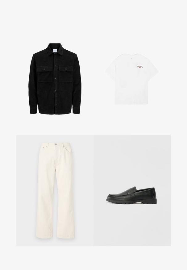 Black corduroy button-up jacket with two front flap pockets and a classic collar, long sleeves, and ribbed texture.; White cotton t-shirt with short sleeves, round neckline, and a small graphic reading “LA VILLE LUMIÈRE” in black and red on the upper back.; Cream-colored wide-leg jeans made from denim, featuring a standard five-pocket design and a metal button closure at the waist.; Black leather loafers with a smooth finish, moccasin-style upper, stitched detailing, and a rubber sole. Classic design with a low heel.