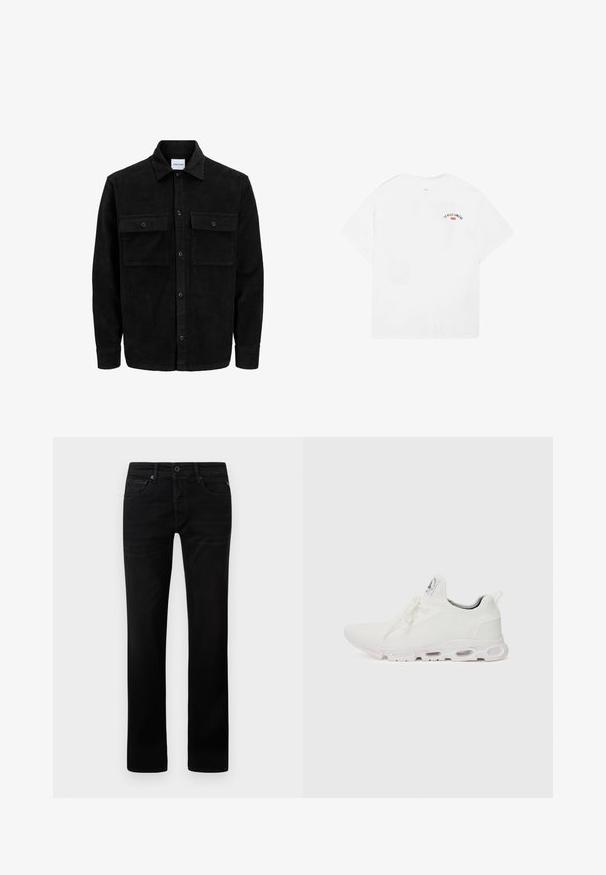 Giacca in corduroy nera con bottoni, due tasche anteriori con patta, colletto classico, maniche lunghe e texture a coste.; T-shirt bianco in cotone con maniche corte, scollatura rotonda e una piccola grafica con la scritta "LA VILLE LUMIÈRE" in nero e rosso sulla parte superiore della schiena.; Jeans in denim nero con un design a gamba dritta. Presentano una chiusura con zip, uno stile a cinque tasche e un leggero effetto whiskering sul tessuto.; Scarpe atletiche bianche con tomaia in maglia testurizzata, lacci piatti e una suola ammortizzata con camere d'aria visibili per un supporto aggiuntivo.