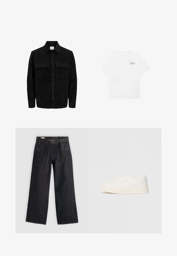 Schwarze Corduroy-Button-Up-Jacke mit zwei frontalem Klappentaschen und klassischem Kragen, langen Ärmeln und gerippter Textur.; Weißes Baumwoll-T-Shirt mit kurzen Ärmeln, rundem Halsausschnitt und einem kleinen Grafik mit der Aufschrift „LA VILLE LUMIÈRE“ in Schwarz und Rot auf dem oberen Rücken.; Dunkelblaue Denim-Hosen mit weitem Bein und einem taillierten Gürtel, ausgestattet mit Vordertaschen und kontrastierender Naht. Glatte Textur mit einem schlichten Design.; Weiße Slip-On-Sneaker mit einer strukturierten Oberfläche, dicker Sohle und minimalistischem Design. Mit Logo der Marke an der Seite.