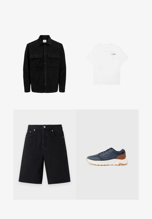 Mustat corduroy-nappi takki, jossa on kaksi etupistotaskua ja klassinen kaulus, pitkät hihat ja ribattu pinta.; Valkoinen puuvillapaita, jossa on lyhyet hihat, pyöreä pääntie ja pieni graafinen teksti "LA VILLE LUMIÈRE" mustana ja punaisena yläselässä.; Mustat farkkushortsit suoran leikkauksen kanssa. Ominaisuuksiin kuuluu vetoketjukiinnitys, viisi taskua, hopeiset yksityiskohdat ja hienovarainen textured viimeistely.; Tummansininen urheilukengät, joissa on ruskea kantaosa, teksturoitu verkko-osa, pehmustettu kaulus ja valkoinen kumipohja, jossa on kuvioitu pito.