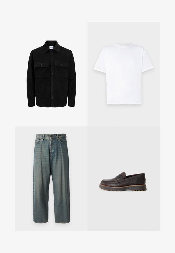 Černá kordurová košile s knoflíky, dvěma předními klopovými kapsami a klasickým límcem, dlouhými rukávy a vroubkovanou texturou.; Bílý bavlněný tričko s kulatým výstřihem a krátkými rukávy. Hladká textura, rovný střih, bez vzorů nebo akcentů. Jen pohled zezadu.; Světle modré denimové džíny s volným střihem, středně vysokým pasem a rovnými nohavicemi. Obsahují pět kapes, poutka na opasek a zapínání na knoflík.; Hnědé kožené mokasíny s nízkým profilem, zdobené prošitím, s mírně vyvýšenou gumovou podrážkou a hladkým povrchem.