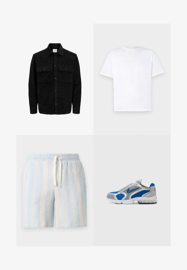 Čierna kordúrová bunda s gombíkmi, dvoma prednými vreckami so záklopkou a klasickým golierom, dlhými rukávmi a ryhovanou textúrou.; Biele bavlnené tričko s okrúhlym výstrihom a krátkymi rukávmi. Hladká textúra, priame strih, bez vzorov alebo akcentov. Len pohľad z chrbta.; Bavlnené, textúrované šortky s modro-bielym pruhovaným vzorom. Majú elastický pás a šnúrku na stiahnutie.; Modré a strieborné športové topánky s priedušnými panelmi, polstrovaným golierom a priehľadnou podrážkou s modrými akcentmi. Kontrastné šnúrky dotvárajú dizajn.