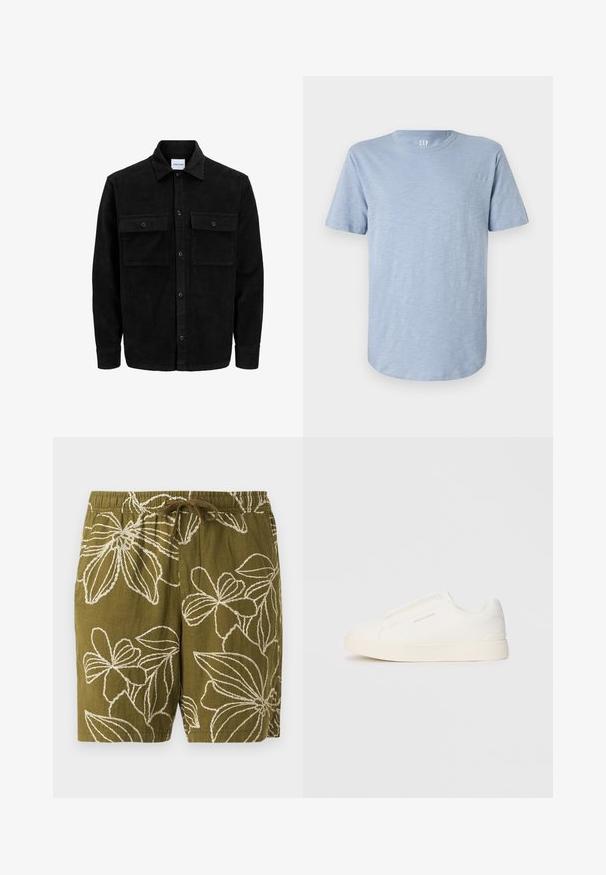 Mustmustöös nupuga jope, millel on kaks eesmist klapiga taskut ja klassikaline kaelus, pikad varrukad ning ribakujuline tekstuur.; Hele sinise lühikeste varrukatega T-särk, mis on valmistatud pehmest kangast, omadega ümmarguse kaeluse ja sirge servaga, millel on peen tekstuur.; Oliiviväärilised linased lühikesed püksid, millel on valged lillemustrid, elastse vöökoha ja reguleeritava nööriga sobivuse jaoks.; Valged libisemiskindlad tossud tekstuuriga pinnaga, paksu tallaga ja minimalistikus disainis. Küljel on brändi logo.