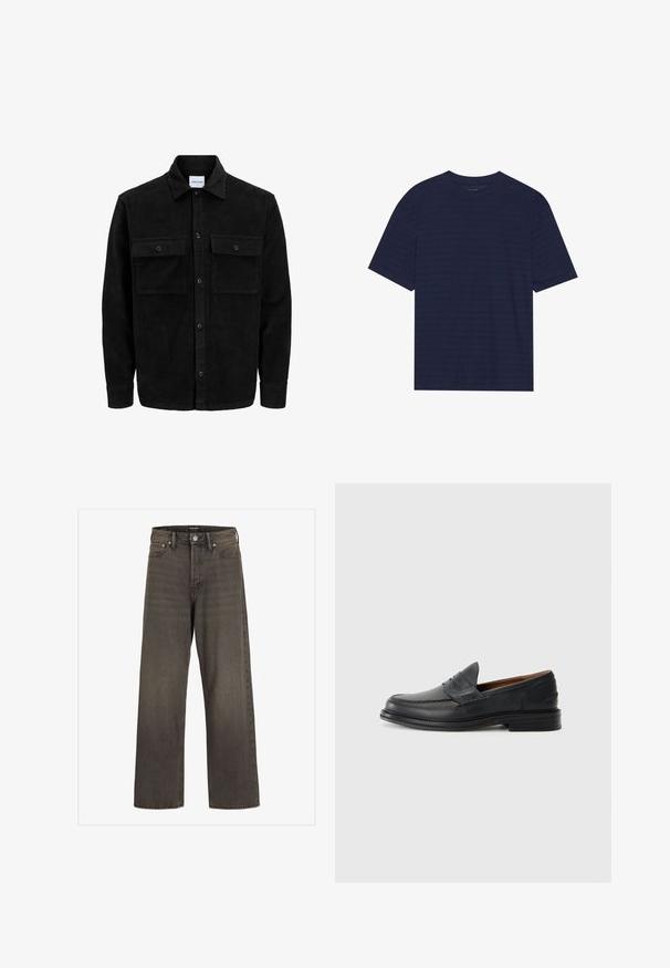 Black corduroy button-up jacket with two front flap pockets and a classic collar, long sleeves, and ribbed texture.; Navy blue short-sleeve t-shirt with a round neckline and subtle horizontal stripes across the fabric texture. Made from a soft material.; Wide-leg jeans in dark grey denim, featuring a high waist, classic five-pocket design, and contrasting stitching along the seams.; Black leather loafers with a stitched design, rounded toe, low stacked heel, and slip-on style. Smooth texture with slight shine.