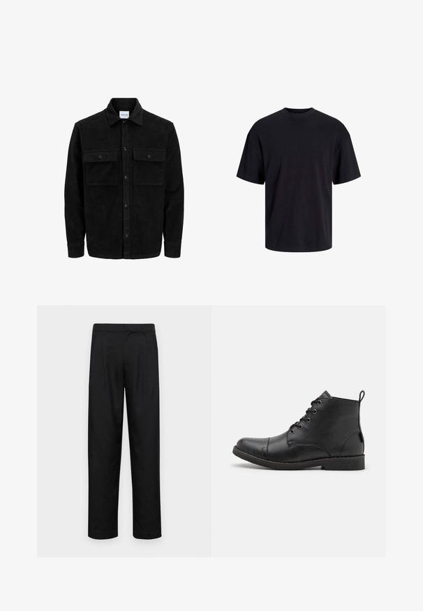 Chaqueta de pana negra con botones, dos bolsillos delanteros con solapa y un cuello clásico, mangas largas y textura acanalada.; Camiseta de algodón negra con cuello redondo, mangas cortas y un ajuste relajado. Textura suave y sin patrones ni acentos visibles.; Pantalones negros de tela suave, con un diseño de pierna recta, dos pliegues frontales y una cintura estándar con trabillas para el cinturón.; Botas de cuero negro hasta el tobillo con una superficie texturizada, punta redonda, seis ojales para los cordones y una pequeña lengüeta en la parte trasera.