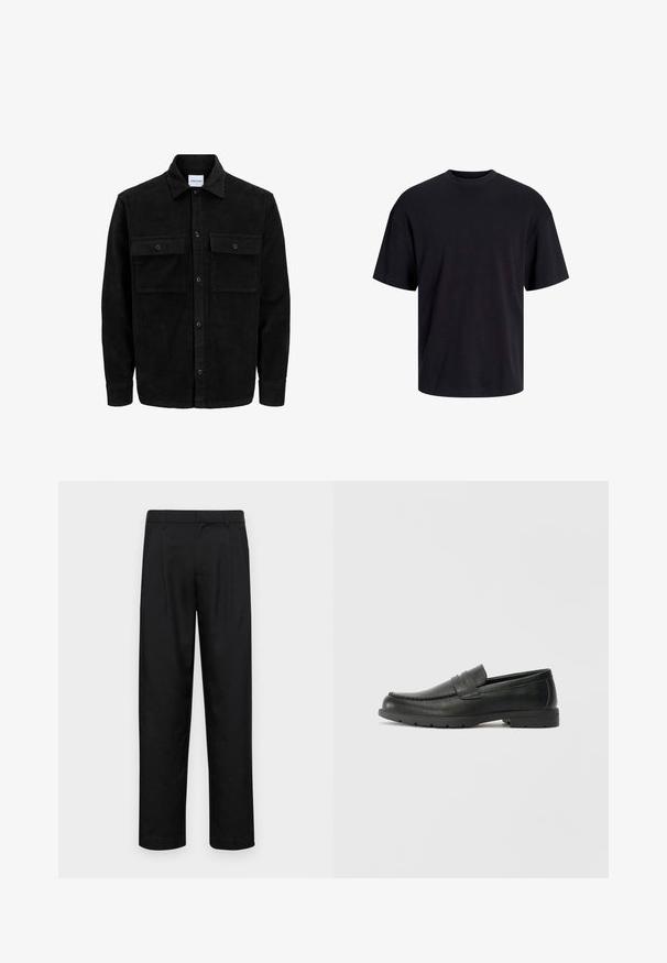 Melnas kordūru pogu jaka ar divām priekšējām atloka kabatām un klasisku apkakli, garām piedurknēm un ribotu tekstūru.; Melns kokvilnas T-krekls ar apaļu kakla izgriezumu, īsām piedurknēm un brīvu piegriezumu. Gluda tekstūra un nav redzamu rakstu vai akcentu.; Melnas bikses, izgatavotas no gludas auduma, ar taisnu kāju dizainu, divām priekšējām krokām un standarta jostu, kurai ir āķi.; Melnas ādas loafers ar gludu apdari, mokasīnu stila augšdaļu, šūtu detalizāciju un gumijas zoli. Klasisks dizains ar zemu papēdi.