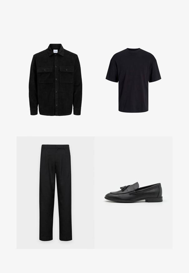 Black corduroy button-up jacket with two front flap pockets and a classic collar, long sleeves, and ribbed texture.; Black cotton t-shirt with a crew neckline, short sleeves, and a relaxed fit. Smooth texture and no visible patterns or accents.; Black trousers made of smooth fabric, featuring a straight-leg design, two front pleats, and standard waistband with belt loops.; Black leather loafers with a smooth finish, featuring a tassel accent on the front, rounded toe, and low heel. Simple and sleek design.