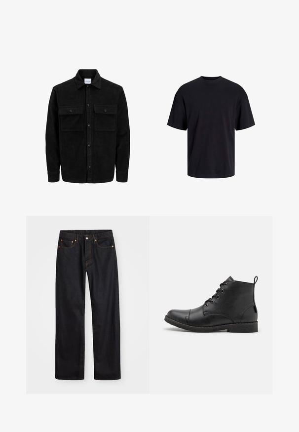 Černá kordurová košile s knoflíky, dvěma předními klopovými kapsami a klasickým límcem, dlouhými rukávy a vroubkovanou texturou.; Černé bavlněné tričko s kulatým výstřihem, krátkými rukávy a volným střihem. Hladká textura a žádné viditelné vzory ani akcenty.; Pánské černé džíny rovného střihu s pěti kapsami a oranžovým prošíváním, s knoflíkem a zipem na předním pásku.; Černé kožené kotníkové boty s texturovaným povrchem, kulatou špičkou, šesti dírkami na tkaničky a malým poutkem na zadní straně.