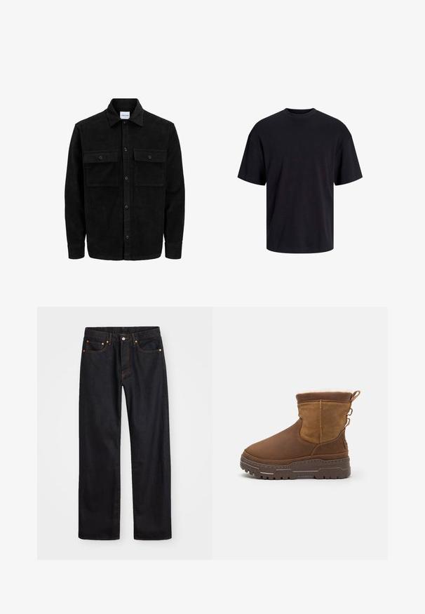 Černá kordurová košile s knoflíky, dvěma předními klopovými kapsami a klasickým límcem, dlouhými rukávy a vroubkovanou texturou.; Černé bavlněné tričko s kulatým výstřihem, krátkými rukávy a volným střihem. Hladká textura a žádné viditelné vzory ani akcenty.; Pánské černé džíny rovného střihu s pěti kapsami a oranžovým prošíváním, s knoflíkem a zipem na předním pásku.; Hnědé semišové kotníkové boty s měkkou kožíškovou podšívkou, pevnou gumovou podrážkou a dekorativními bočními smyčkami pro snadné obutí. Texturovaný povrch na svršku.