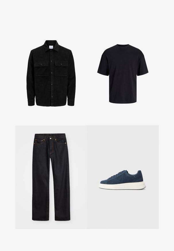 Mustmustöös nupuga jope, millel on kaks eesmist klapiga taskut ja klassikaline kaelus, pikad varrukad ning ribakujuline tekstuur.; Must must on mustre, lühikeste varrukatega ja vabalt langev. Sile tekstuur ja ilma nähtavate mustrite või aktsentideta.; Meeste sirge jala mustad denim teksad viie taskuga, oranž õmblus, nupu ja tõmblukuga ees nagu vöökoht.; Tumedast pehmega nahast tossud valge kummitaldaga, millel on kuus silmust, tekstuuriga vooder ning minimalistlik disain koos peente õmblusdetailidega.