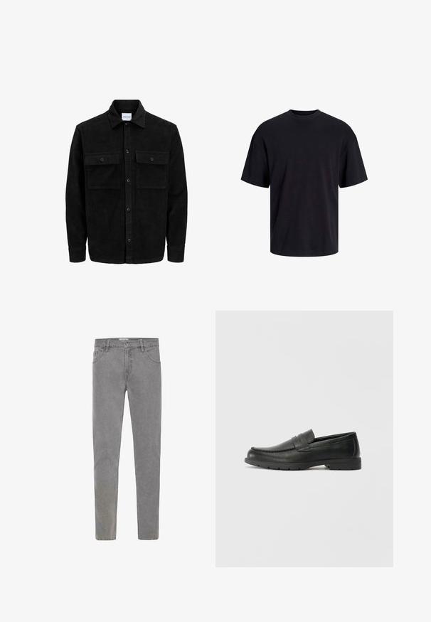 Črna kordurojska jakna z gumbi, z dvema sprednjima žepoma z zavihkom in klasičnim ovratnikom, dolgimi rokavi ter rebrasto teksturo.; Črna bombažna majica s krojačkom izrezom, kratkimi rokavi in sproščenim krojem. Gladka tekstura in brez vidnih vzorcev ali poudarkov.; Sive jeans iz denima z ozkim krojem, petimi žepi, zankami za pas in enim gumbom za zapiranje. Tekstura je nekoliko obrabljena za sproščen videz.; Črne usnjene loafer čevlje z gladko površino, zgornjim delom v slogu mokasin, šivanimi detajli in gumijastim podplatom. Klasična zasnova z nizko peto.