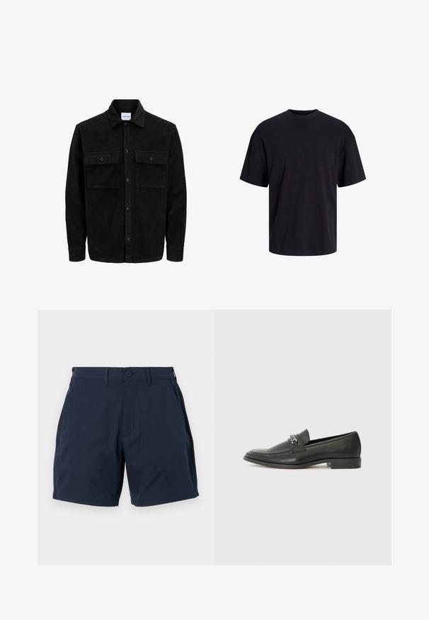 Jachetă din catifea neagră, cu butoni, două buzunare frontale cu clapetă și un guler clasic, mâneci lungi și textură ribbed.; Tricou din bumbac negru, cu guler rotund, mâneci scurte și o croială lejeră. Textură netedă și fără modele sau accente vizibile.; Pantaloni scurți de culoare bleumarin, confecționați dintr-un material neted și ușor. Au închidere cu nasture, buzunare laterale și un design ajustat cu croi drept.; Pantofii negri din piele cu un finisaj neted, având un design cusut și un accent decorativ de lanț metalic peste partea de sus. Toc plat.