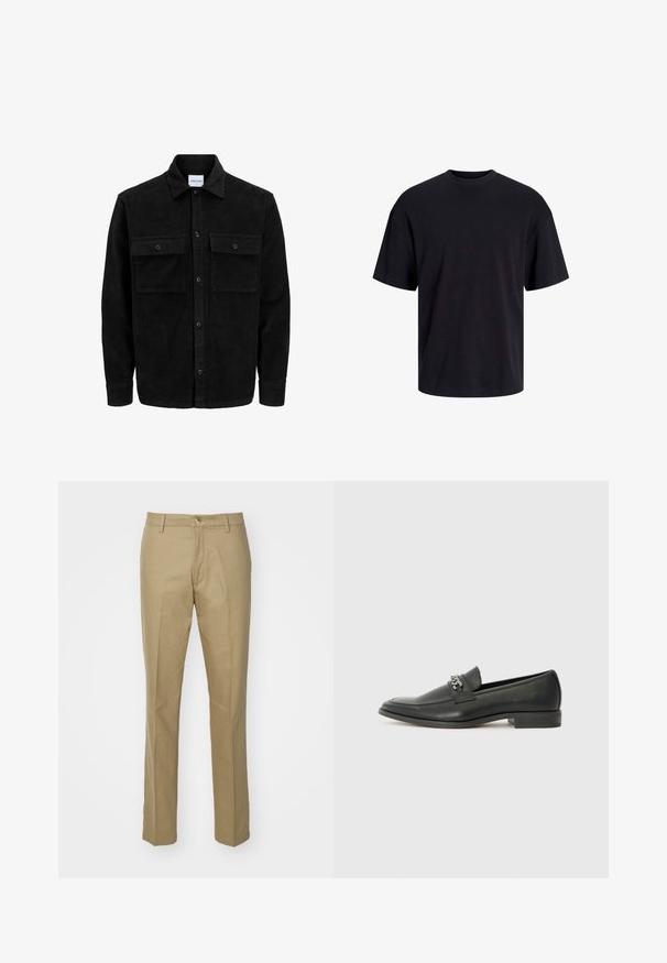 Mustmustöös nupuga jope, millel on kaks eesmist klapiga taskut ja klassikaline kaelus, pikad varrukad ning ribakujuline tekstuur.; Must must on mustre, lühikeste varrukatega ja vabalt langev. Sile tekstuur ja ilma nähtavate mustrite või aktsentideta.; Khaki puuvillasegusest kangast püksid, sirge lõikega, nähtavate ees olevate taskutega, lukuga ees ja klassikalise vöökohaga ühe nupuga.; Must haveate nahkking punased, millel on sile viimistlus, tikitud muster ja dekoratiivne metallkett vampi üle. Tasane konts.