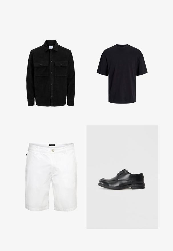 Mustmustöös nupuga jope, millel on kaks eesmist klapiga taskut ja klassikaline kaelus, pikad varrukad ning ribakujuline tekstuur.; Must must on mustre, lühikeste varrukatega ja vabalt langev. Sile tekstuur ja ilma nähtavate mustrite või aktsentideta.; Valged puuvillased lühikesed püksid sirge lõikega, millel on esine nööbist closure ja tavapärased taskud, sile tekstuur ja korras disain.; Mustad mustad nahast kinnituskingad ümmarguse varbaga, sileda pinnaga ja madala kandaga. Omab õmblemise detaile ülemise osa ja külgede juures.