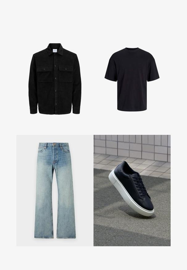 Černá kordurová košile s knoflíky, dvěma předními klopovými kapsami a klasickým límcem, dlouhými rukávy a vroubkovanou texturou.; Černé bavlněné tričko s kulatým výstřihem, krátkými rukávy a volným střihem. Hladká textura a žádné viditelné vzory ani akcenty.; Světle modré denimové zvonové džíny s vysokým pasem, měděnými detaily, pěti kapsami a jemným vyblednutím pro opotřebovaný vzhled.; Černé kožené tenisky s kulatou špičkou a bílou gumovou podrážkou. mají ploché tkaničky a minimální šití na svršku. Texturovaná podrážka pro lepší přilnavost.