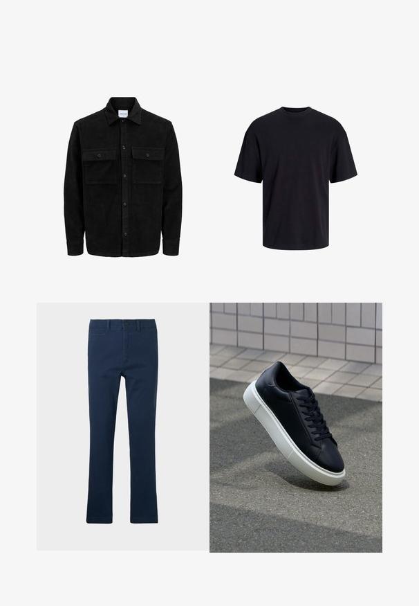 Veste en velours côtelé noire à boutons, avec deux poches à rabat à l'avant et un col classique, des manches longues et une texture côtelée.; T-shirt en coton noir avec un col ras du cou, des manches courtes et une coupe décontractée. Texture lisse sans motifs ni accents visibles.; Pantalons en coton bleu marine avec une coupe droite, dotés de poches avant, d'une fermeture éclair et d'une fermeture à un bouton.; Baskets noires en cuir avec bout arrondi et semelle en caoutchouc blanc. Elles présentent des lacets plats et une couture minimale sur la tige. Semelle texturée pour une bonne adhérence.