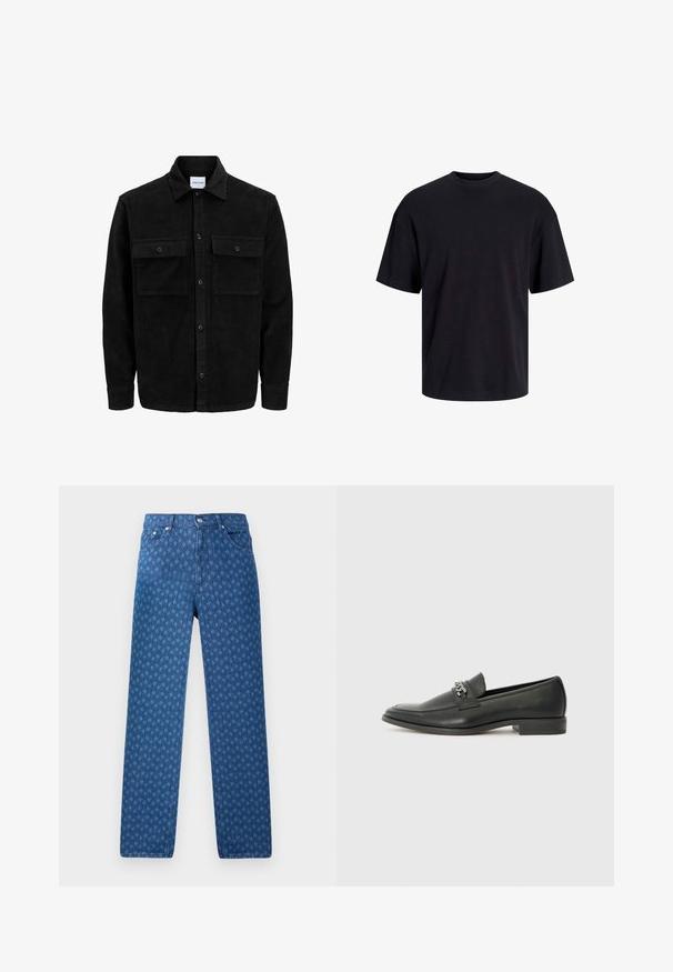 Jachetă din catifea neagră, cu butoni, două buzunare frontale cu clapetă și un guler clasic, mâneci lungi și textură ribbed.; Tricou din bumbac negru, cu guler rotund, mâneci scurte și o croială lejeră. Textură netedă și fără modele sau accente vizibile.; Jeans din denim albastru, cu un model texturat repetitiv, design cu cinci buzunare și închidere cu nasture la talie. Croială dreaptă.; Pantofii negri din piele cu un finisaj neted, având un design cusut și un accent decorativ de lanț metalic peste partea de sus. Toc plat.