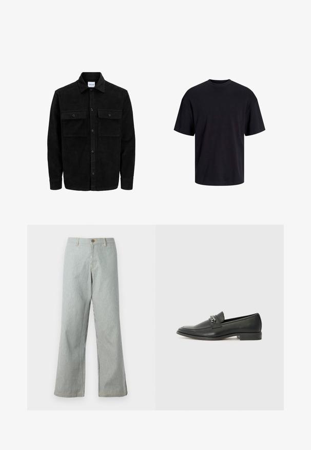 Černá kordurová košile s knoflíky, dvěma předními klopovými kapsami a klasickým límcem, dlouhými rukávy a vroubkovanou texturou.; Černé bavlněné tričko s kulatým výstřihem, krátkými rukávy a volným střihem. Hladká textura a žádné viditelné vzory ani akcenty.; Pruhované kalhoty s širokými nohavicemi v modré a bílé barvě, s knoflíkovým zapínáním, poutky na opasek, viditelným šitím a volným střihem.; Černé kožené mokasíny s hladkým povrchem, s prošívaným designem a dekoračním kovovým řetízkem přes nárt. Plochý podpatek.