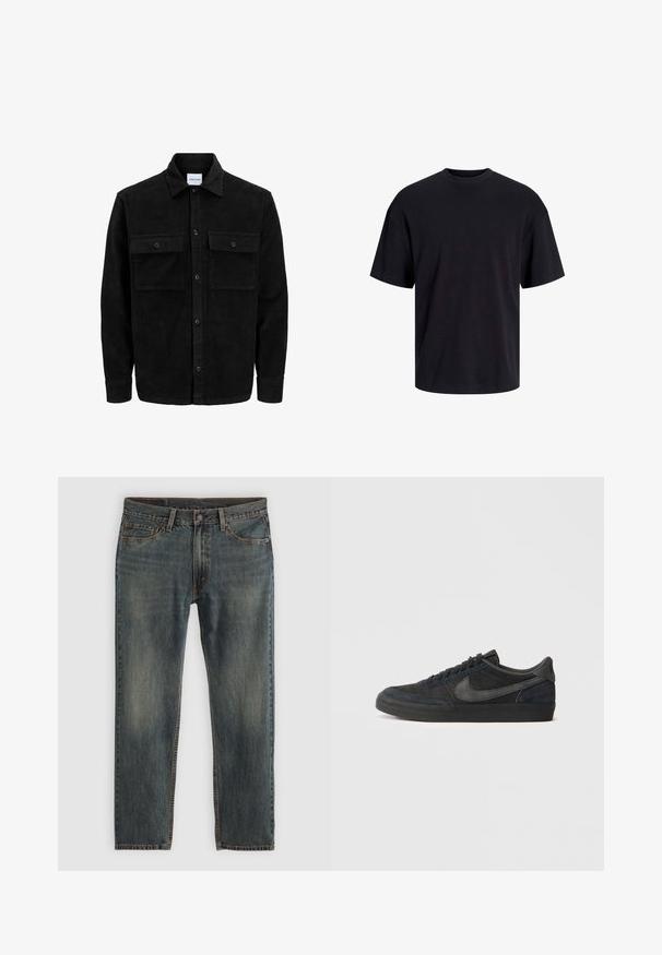 Melnas kordūru pogu jaka ar divām priekšējām atloka kabatām un klasisku apkakli, garām piedurknēm un ribotu tekstūru.; Melns kokvilnas T-krekls ar apaļu kakla izgriezumu, īsām piedurknēm un brīvu piegriezumu. Gluda tekstūra un nav redzamu rakstu vai akcentu.; Zili džinsi ar taisnu kāju dizainu, izmantojot klasisku piecu kabatu stilu, ar šuvju akcentiem un nedaudz izbalējušu apdari.; Melnas zamša sporta kurpes ar zemu profilu, gumijas zoli, teksturētām sānu paneļiem un toņos saderīgu Nike swoosh logo. Ar auklēm, ar mīkstu apkakli.