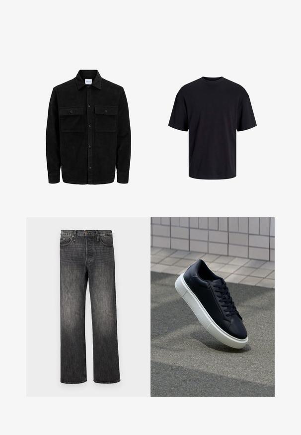 Black corduroy button-up jacket with two front flap pockets and a classic collar, long sleeves, and ribbed texture.; Black cotton t-shirt with a crew neckline, short sleeves, and a relaxed fit. Smooth texture and no visible patterns or accents.; Dark gray denim jeans with a straight-leg cut, five pockets, metal button closure, and subtle fading. Clean design with no visible patterns.; Black leather sneaker with rounded toe and white rubber sole. Features flat laces and minimal stitching on the upper. Textured sole for grip.