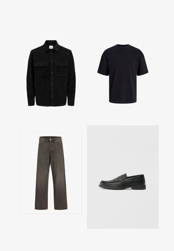Črna kordurojska jakna z gumbi, z dvema sprednjima žepoma z zavihkom in klasičnim ovratnikom, dolgimi rokavi ter rebrasto teksturo.; Črna bombažna majica s krojačkom izrezom, kratkimi rokavi in sproščenim krojem. Gladka tekstura in brez vidnih vzorcev ali poudarkov.; Široke hlače iz temno sive denim tkanine, s wysokim pasom, klasičnim pet-pocket dizajnom in kontrastnim šivom ob šivih.; Črne usnjene loafer čevlje z gladko površino, zgornjim delom v slogu mokasin, šivanimi detajli in gumijastim podplatom. Klasična zasnova z nizko peto.