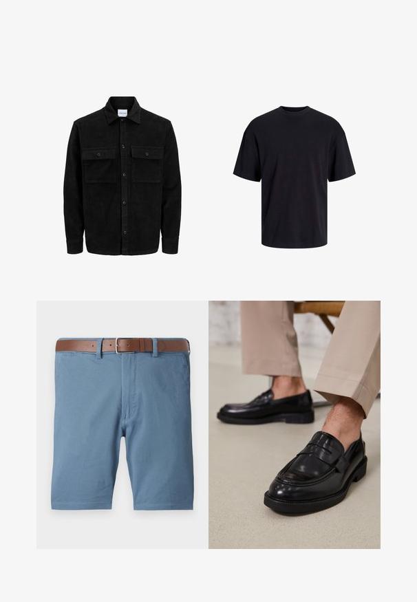 Juodas velveto mygtukų švarkas su dviem priekiniais kišenėmis su atvartais, klasikiniu apykakle, ilgomis rankovėmis ir raukšlėtu paviršiumi.; Juodas medvilninis marškinėlis su apvaliu iškirpimu, trumpomis rankovėmis ir laisvu siluetu. Glotni tekstūra, be matomų raštų ar akcentų.; Mėlynos medvilninės šortai, turintys rudą odinį diržą, tiesaus kirpimo, su priekinėmis kišenėmis ir švariomis apdailomis prie apačios.; Juodi odiniai loaferiai su lygia apdaila, su dekoratyvine juosta ir kontrastinėmis siūlėmis, derinami su bežinėmis kelnėmis.