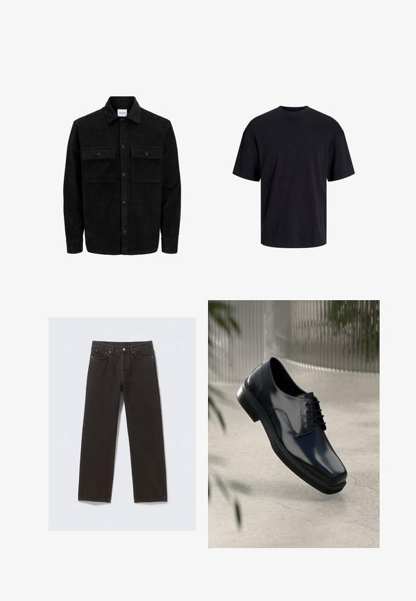 Giacca in corduroy nera con bottoni, due tasche anteriori con patta, colletto classico, maniche lunghe e texture a coste.; T-shirt in cotone nero con collo rotondo, maniche corte e vestibilità morbida. Texture liscia senza pattern o dettagli visibili.; Jeans in denim nero con design a gamba dritta, cinque tasche e cuciture color rame. Tessuto liscio, chiusura a bottone classica in vita.; Scarpe eleganti in pelle nera con finitura lucida, punta arrotondata, design tradizionale con lacci e suola spessa in gomma. Presenti dettagli delle cuciture.