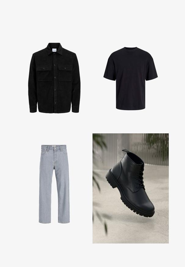 Mustmustöös nupuga jope, millel on kaks eesmist klapiga taskut ja klassikaline kaelus, pikad varrukad ning ribakujuline tekstuur.; Must must on mustre, lühikeste varrukatega ja vabalt langev. Sile tekstuur ja ilma nähtavate mustrite või aktsentideta.; Heledad sinine teksapüksid, millel on mugav lõige, sirged sääred, nähtavad õmblused, kaks eesmist taskut ja nööbkinnisega sulgemine.; Mustad mustad nahast ankle saapad, ümmarguse nina, nööbidest sulgemise ja robustse kummitald. Sile tekstuur ja tõmbetab tagaküljel.