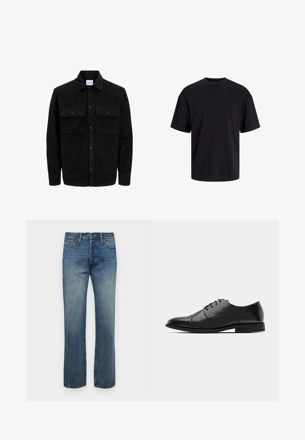 Chaqueta de pana negra con botones, dos bolsillos delanteros con solapa y un cuello clásico, mangas largas y textura acanalada.; Camiseta de algodón negra con cuello redondo, mangas cortas y un ajuste relajado. Textura suave y sin patrones ni acentos visibles.; Jeans de mezclilla azul para hombre con un diseño de pierna recta, que cuentan con un cierre de botón único, bolsillos frontales y una sutil textura desgastada.; Zapato de vestir de cuero negro con punta redondeada, diseño con cordones, detalles de costura sutiles y un tacón bajo. Textura suave con acabado pulido.