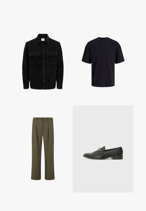 Črna kordurojska jakna z gumbi, z dvema sprednjima žepoma z zavihkom in klasičnim ovratnikom, dolgimi rokavi ter rebrasto teksturo.; Črna bombažna majica s krojačkom izrezom, kratkimi rokavi in sproščenim krojem. Gladka tekstura in brez vidnih vzorcev ali poudarkov.; Olivno zeleni hlače s krojem po meri, z gubami spredaj, gumbnim zapenjanjem in ravnimi nogami. Gladka tekstura tkanine.; Črni usnjeni loafer z gladko površino, ki ima šivano zasnovo in dekorativni kovinski verižni naglas preko vampirja. Ravno peto.