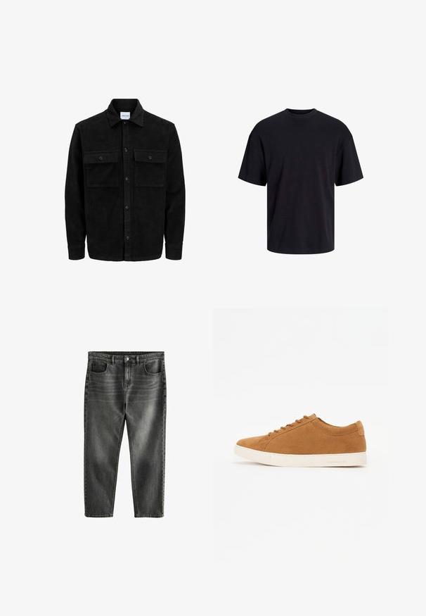 Černá kordurová košile s knoflíky, dvěma předními klopovými kapsami a klasickým límcem, dlouhými rukávy a vroubkovanou texturou.; Černé bavlněné tričko s kulatým výstřihem, krátkými rukávy a volným střihem. Hladká textura a žádné viditelné vzory ani akcenty.; Tmavě šedé džíny z denimu s uvolněným střihem, pěti kapsami, jemným vyblednutím a kontrastním prošitím. Kovová knoflíková a zipová zapínání.; Hnědé semišové tenisky s nízkým designem, bílé gumové podrážky a kulatou špičkou. Mají odpovídající tkaničky a minimální branding na patě.
