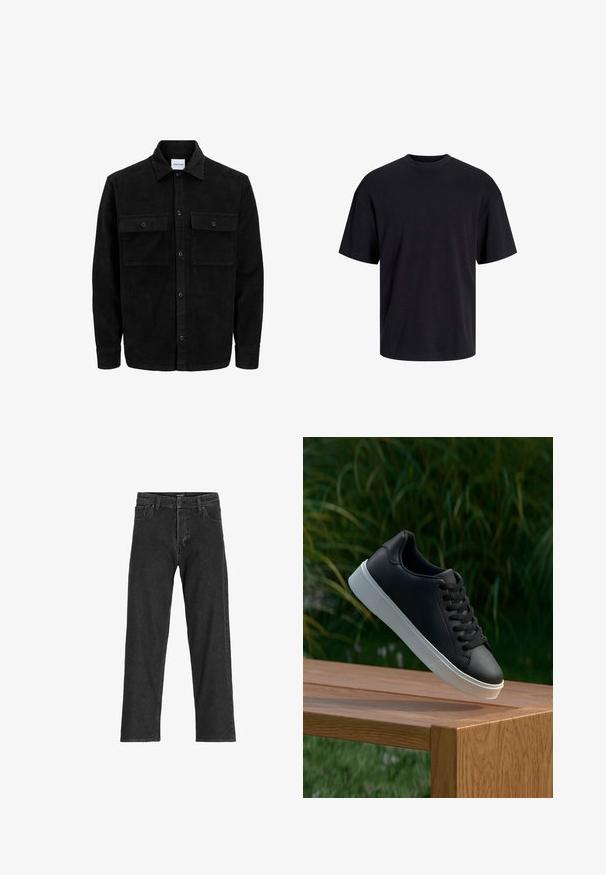 Črna kordurojska jakna z gumbi, z dvema sprednjima žepoma z zavihkom in klasičnim ovratnikom, dolgimi rokavi ter rebrasto teksturo.; Črna bombažna majica s krojačkom izrezom, kratkimi rokavi in sproščenim krojem. Gladka tekstura in brez vidnih vzorcev ali poudarkov.; Črne kavbojke z ravnim krojem, ki vključujejo zadrgo, paski in šest žepov, narejene iz trpežne mešanice bombaža.; Črne usnjene teniske z gladko teksturo, bela gumijasta podloga in šest lukenj za vezalke, prikazane na leseni površini.