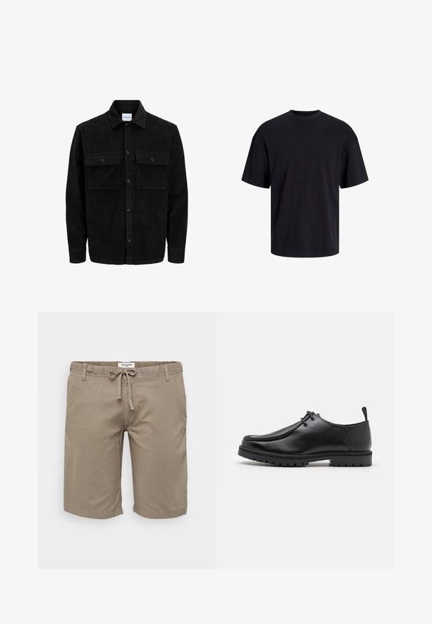 Schwarze Corduroy-Button-Up-Jacke mit zwei frontalem Klappentaschen und klassischem Kragen, langen Ärmeln und gerippter Textur.; Schwarzes Baumwoll-T-Shirt mit Rundhalsausschnitt, kurzen Ärmeln und lässiger Passform. Glatte Oberflächenstruktur und keine sichtbaren Muster oder Akzente.; Beige Baumwollshorts mit elastischem Bund und Zugband, seitlichen Taschen und geradem Schnitt. Glatte Textur und minimalistisches Design.; Schwarze Leder-Schnürschuhe mit robustem Sohlenprofil und Zuglasche an der Ferse, von der Seite auf einem weißen Hintergrund gezeigt.