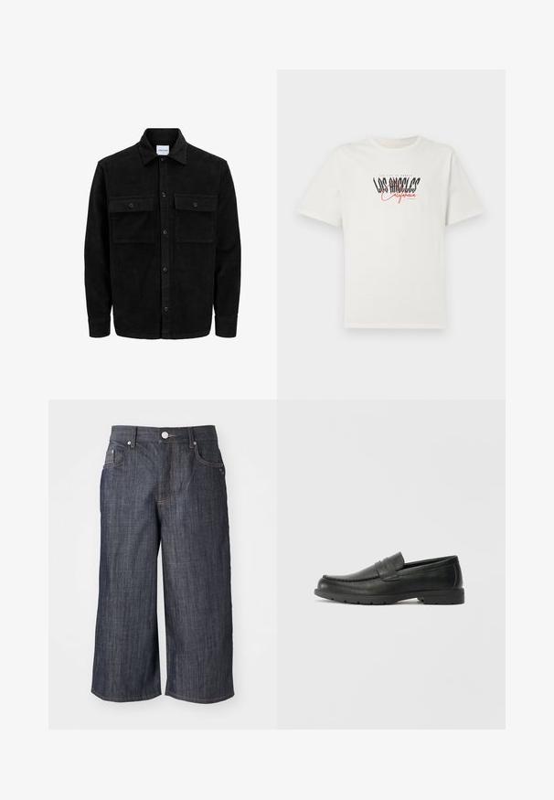 Svart kordfløyels knappjakke med to frontlommer med klaff og klassisk krage, lange ermer og ribbet tekstur.; Hvit bomull T-skjorte med korte ermer og rund hals. Har «Los Angeles California» grafikk i svart og rødt. Enkel, avslappet passform.; Mørk denim culottes med bred ben design, med fem lommer, metallisk knappe-lukking og kontrasterende sømdetaljer.; Svart skinnloafers med glatt finish, mokkasin-stil overdel, broderte detaljer og gummisåle. Klassisk design med lav hæl.