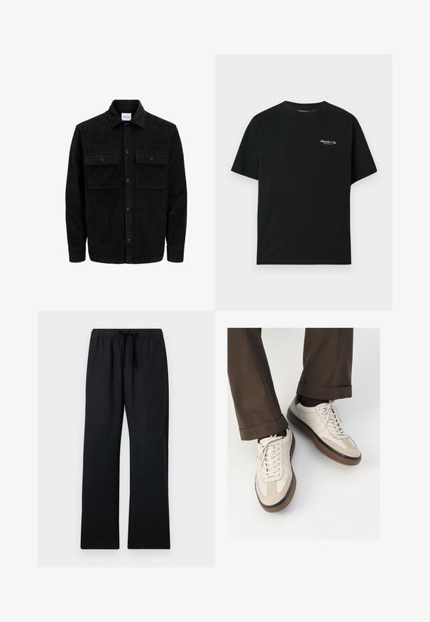Črna kordurojska jakna z gumbi, z dvema sprednjima žepoma z zavihkom in klasičnim ovratnikom, dolgimi rokavi ter rebrasto teksturo.; Črna bombažna majica s kratkimi rokavi, krožnim ovratnikom in majhnim belim logotipom na zgornjem levem predelu prsnega koša. Gladka tekstura, sproščen kroj.; Črne, ohlapne hlače z elastičnim pasom in nastavljivo vrvico. Gladek material, ravna kroj in brez vzorcev.; Bež teniske z teksturiranim prednjim delom iz usnja, gladkimi kožnimi stranicami in rjavo gumijasto podplatom. Vključene vezalke in svetla šivana detajla.